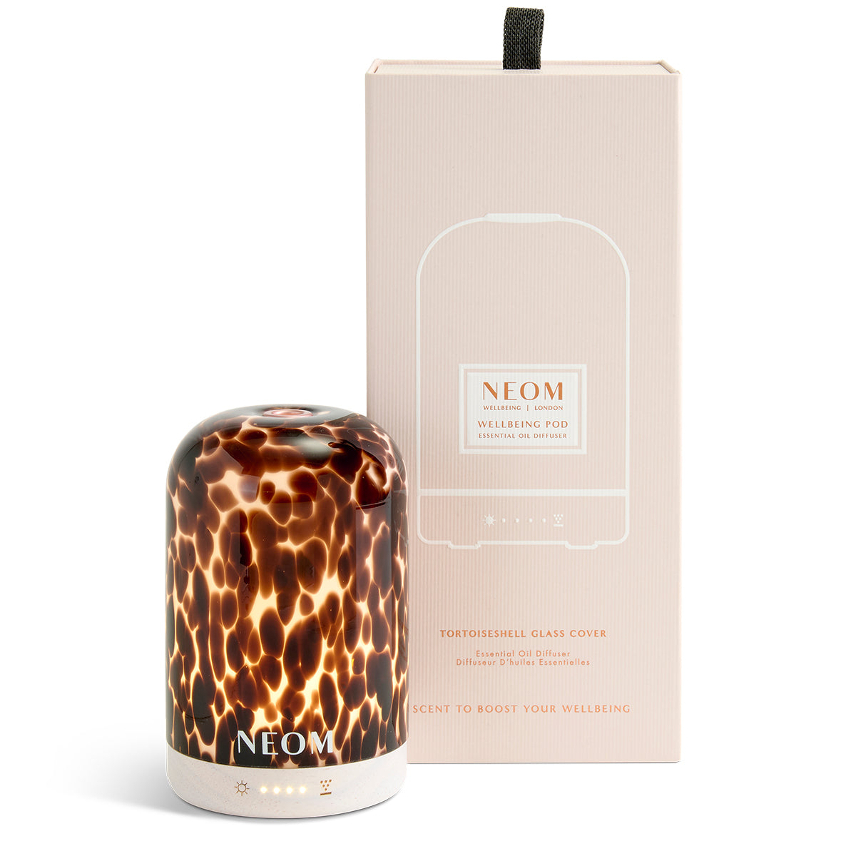 NEOM tortoiseshell glass diffuser with packaging on a white background