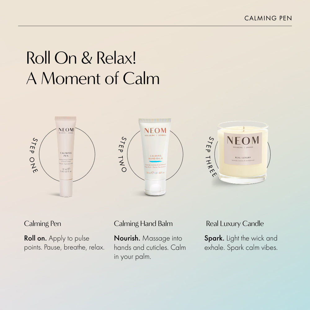 Three-step NEOM calming routine: Calming Pen, Calming Hand Balm, and Real Luxury candle