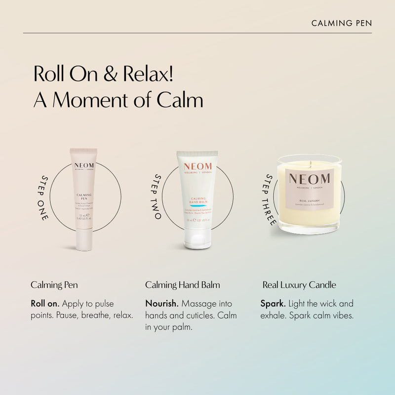Three-step NEOM calming routine: Calming Pen, Calming Hand Balm, and Real Luxury candle