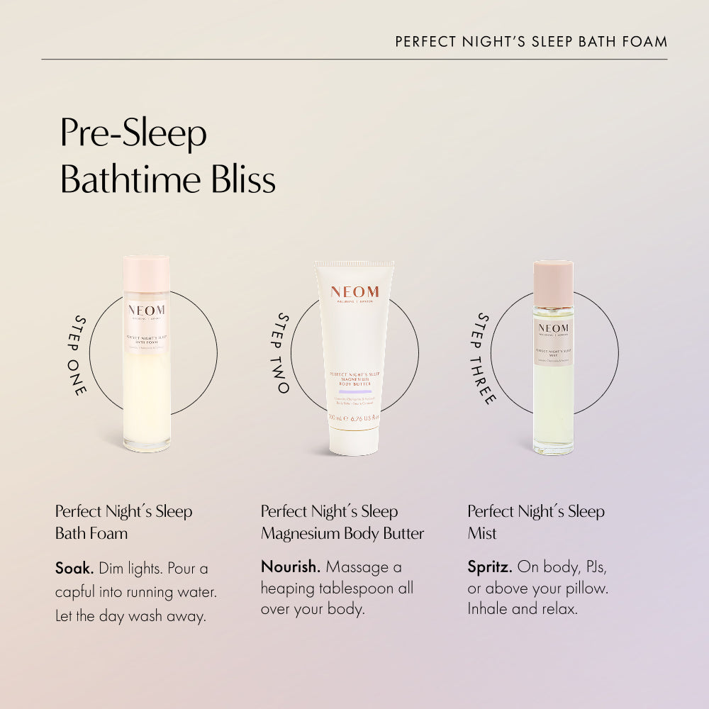 Three-step pre-sleep bathtime routine: Perfect Night's Sleep Bath Foam, Magnesium Body Butter, and Mist