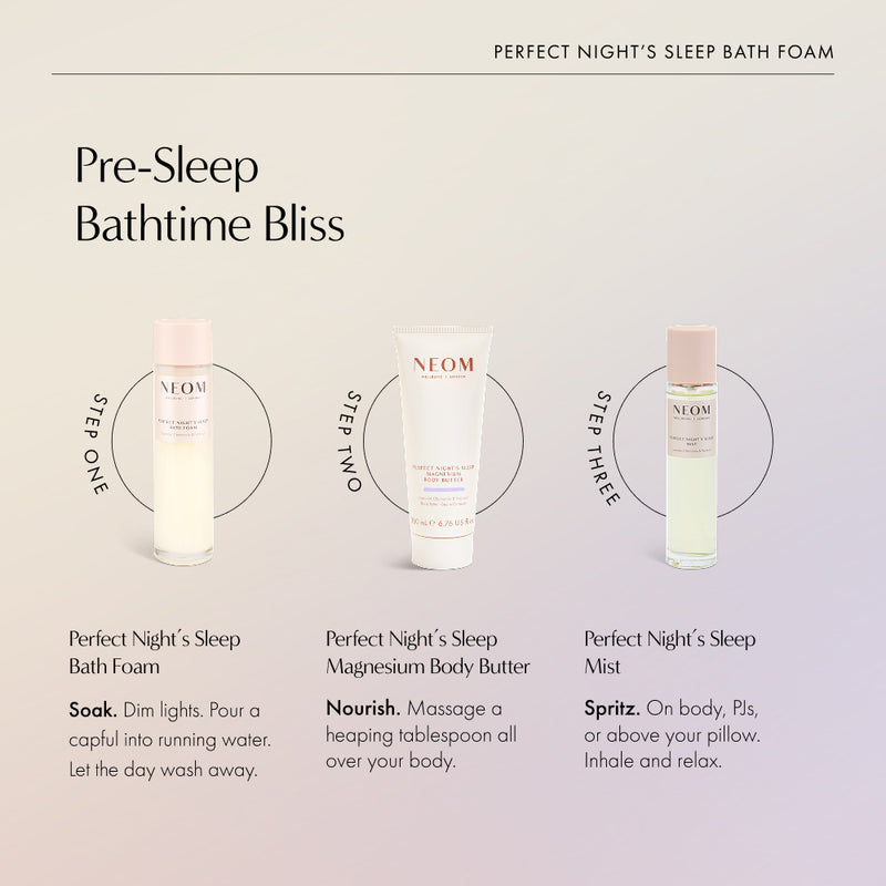 Three-step pre-sleep bathtime routine: Perfect Night's Sleep Bath Foam, Magnesium Body Butter, and Mist