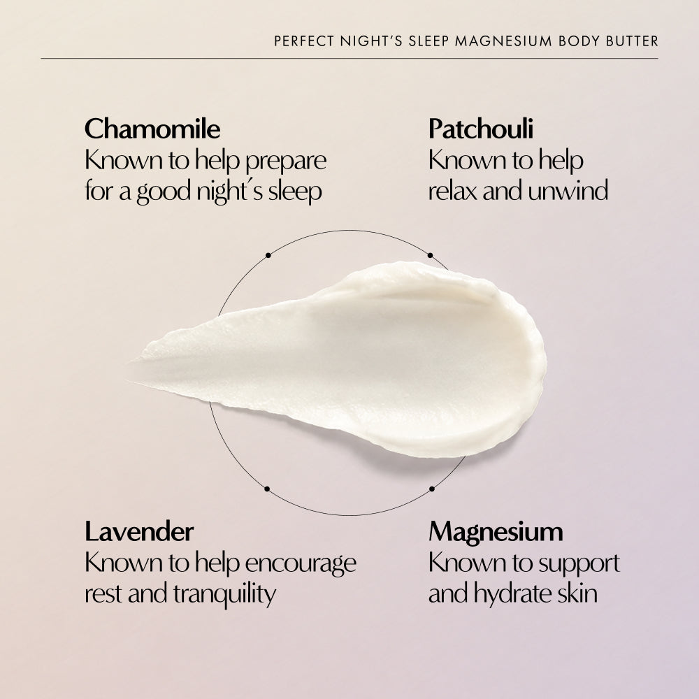 NEOM Perfect Night's Sleep Magnesium Body Butter swatch with Chamomile, Patchouli, Lavender, and Magnesium