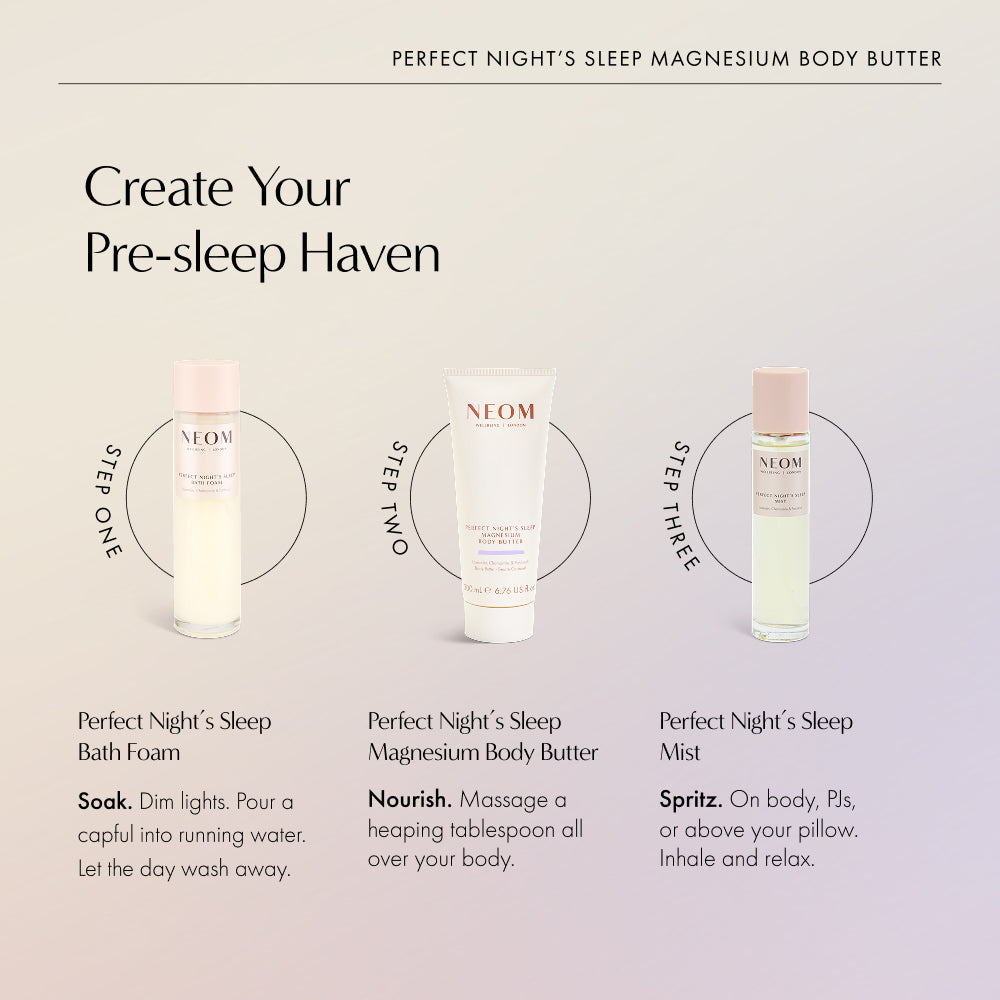 Three-step pre-sleep haven routine: Bath Foam, Perfect Night's Sleep Magnesium Body Butter, and Mist