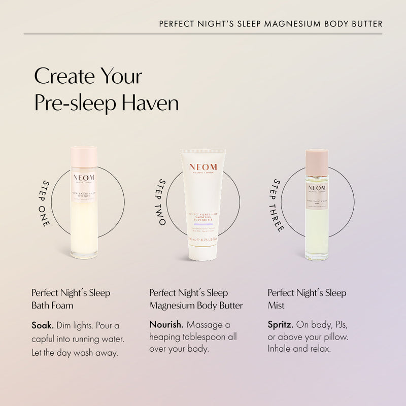 Three-step pre-sleep haven routine: Bath Foam, Perfect Night's Sleep Magnesium Body Butter, and Mist