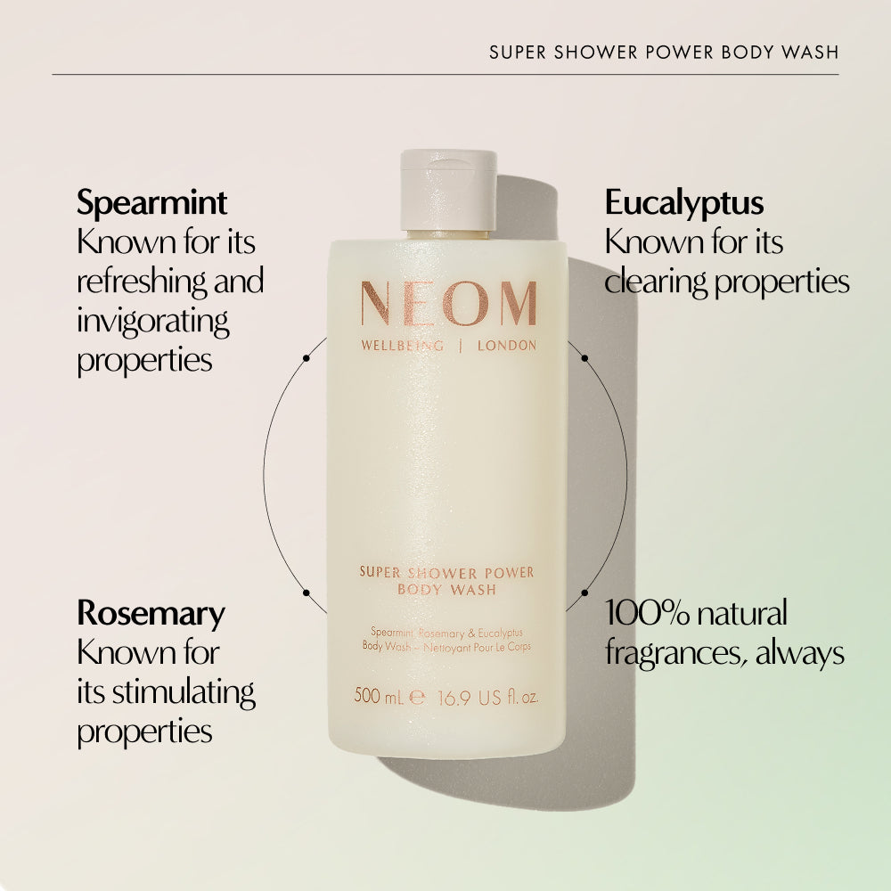 NEOM Super Shower Power Body Wash bottle with Spearmint, Rosemary, and Eucalyptus, 100% natural fragrance