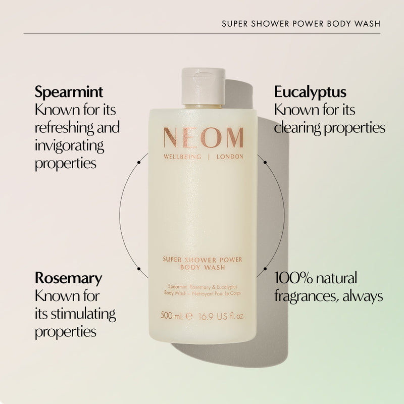 NEOM Super Shower Power Body Wash bottle with Spearmint, Rosemary, and Eucalyptus, 100% natural fragrance