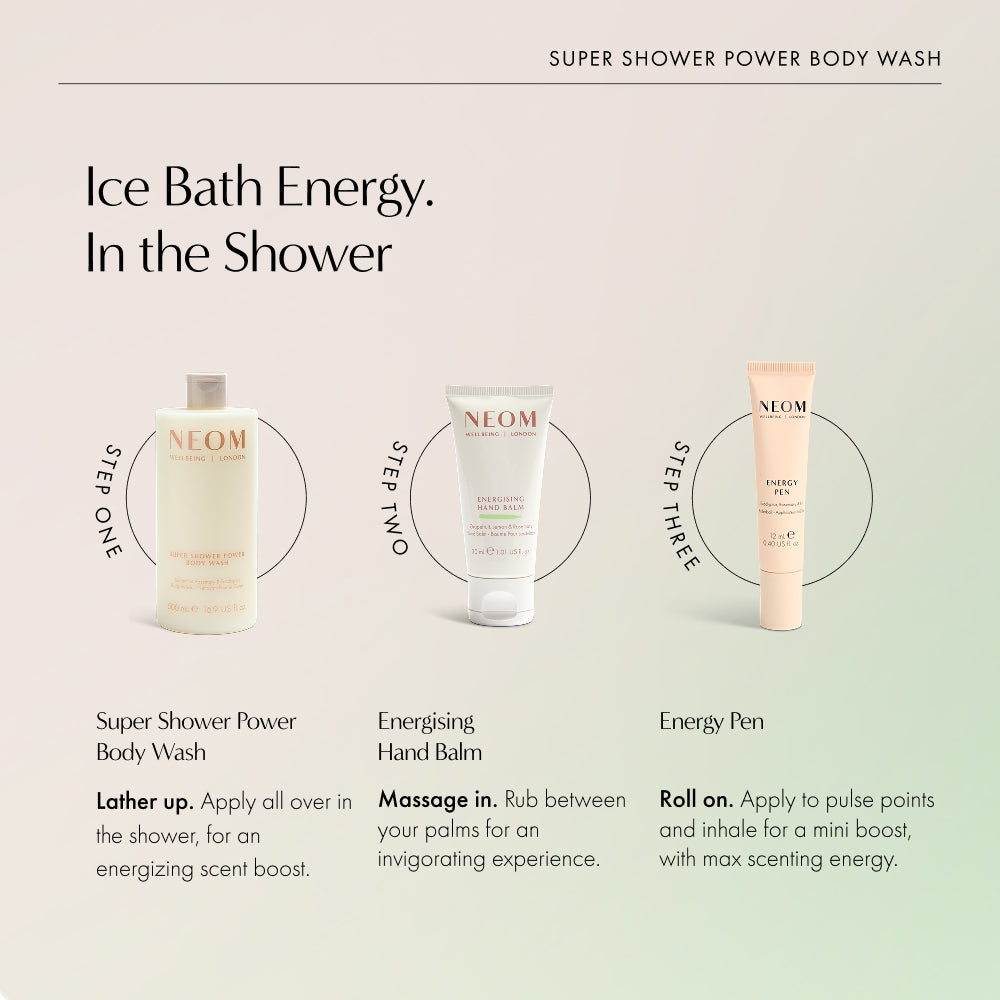Three-step energizing shower routine: Super Shower Power Body Wash, Energizing Hand Balm, and Energy Pen