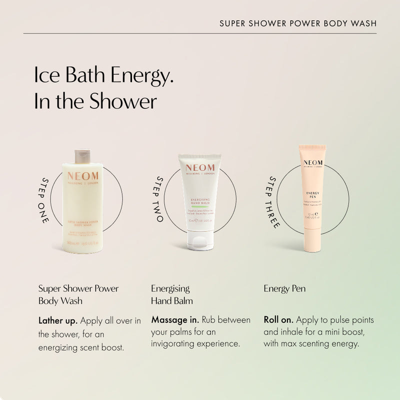 Three-step energizing shower routine: Super Shower Power Body Wash, Energizing Hand Balm, and Energy Pen