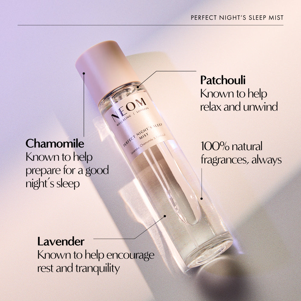 NEOM Perfect Night's Sleep Mist spray bottle with Chamomile, Patchouli, and Lavender, 100% natural fragrance