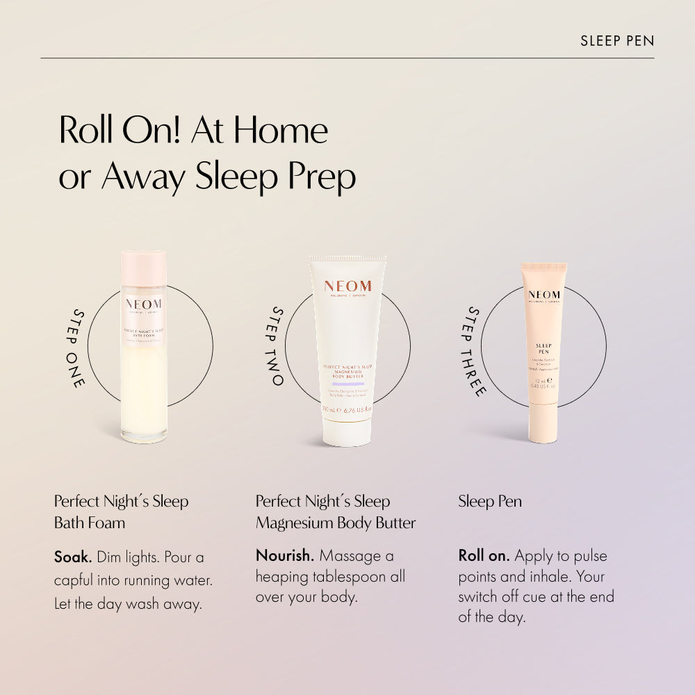 Three-step sleep prep routine at home or away: Bath Foam, Magnesium Body Butter, and Sleep Pen
