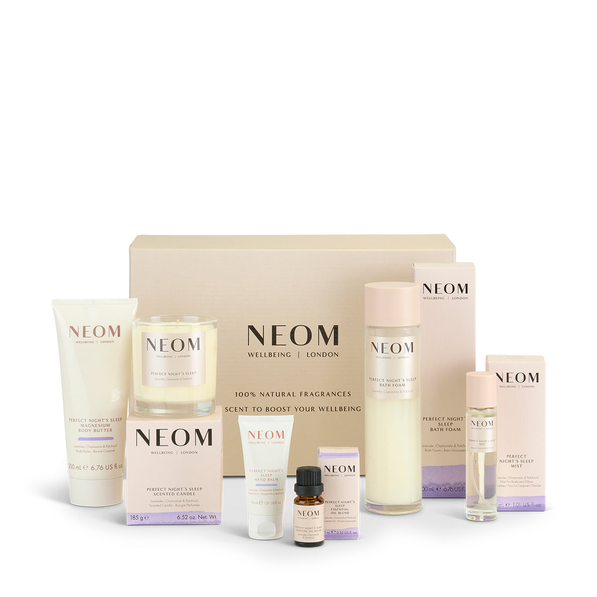 NEOM Black Friday Sleepy Bestsellers Box with Perfect Night's Sleep Products on a white background