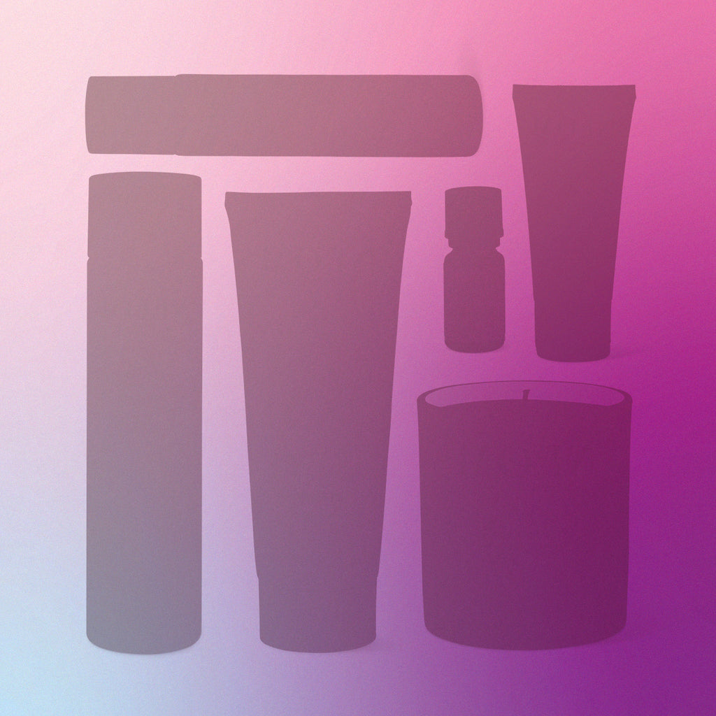 Silhouettes of various NEOM products on a gradient pink and purple background