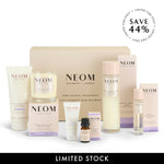 NEOM skincare product set with various bottles and boxes on a white background, featuring a discount offer.