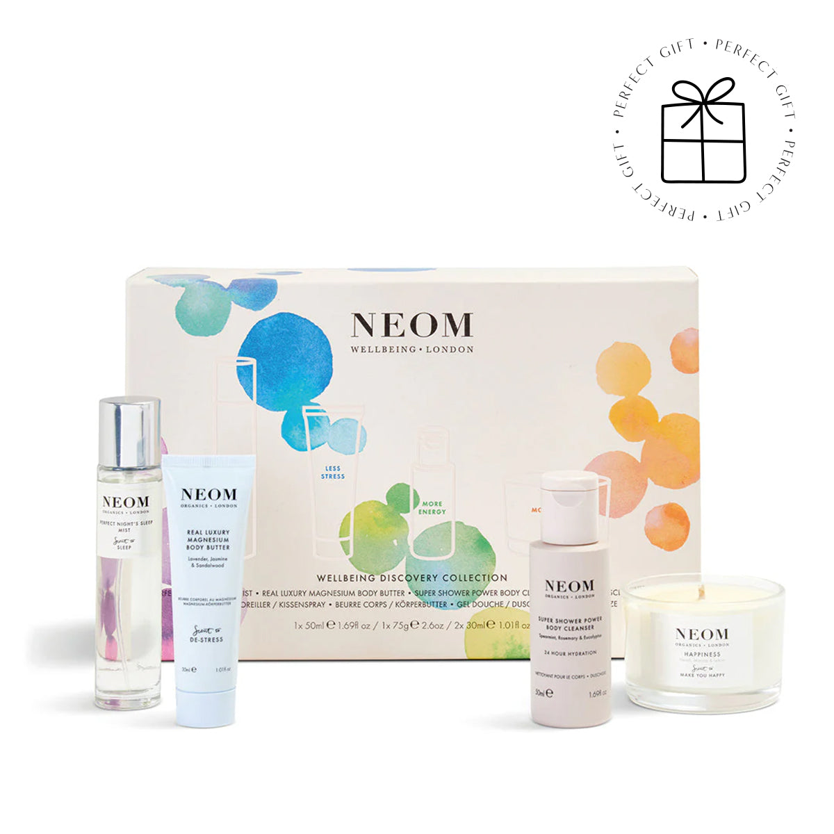 NEOM wellness discovery collection with various products on a white background