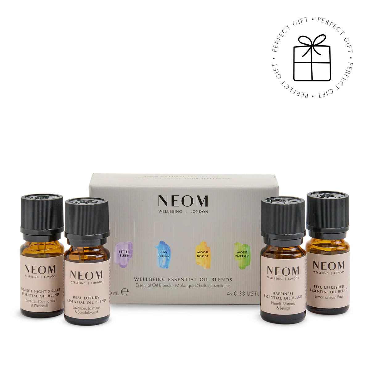 NEOM essential oil blends with a white box on a white background