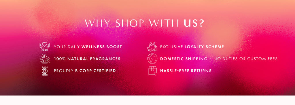 Promotional text highlighting reasons to shop with neom on a blurred pink and purple background.