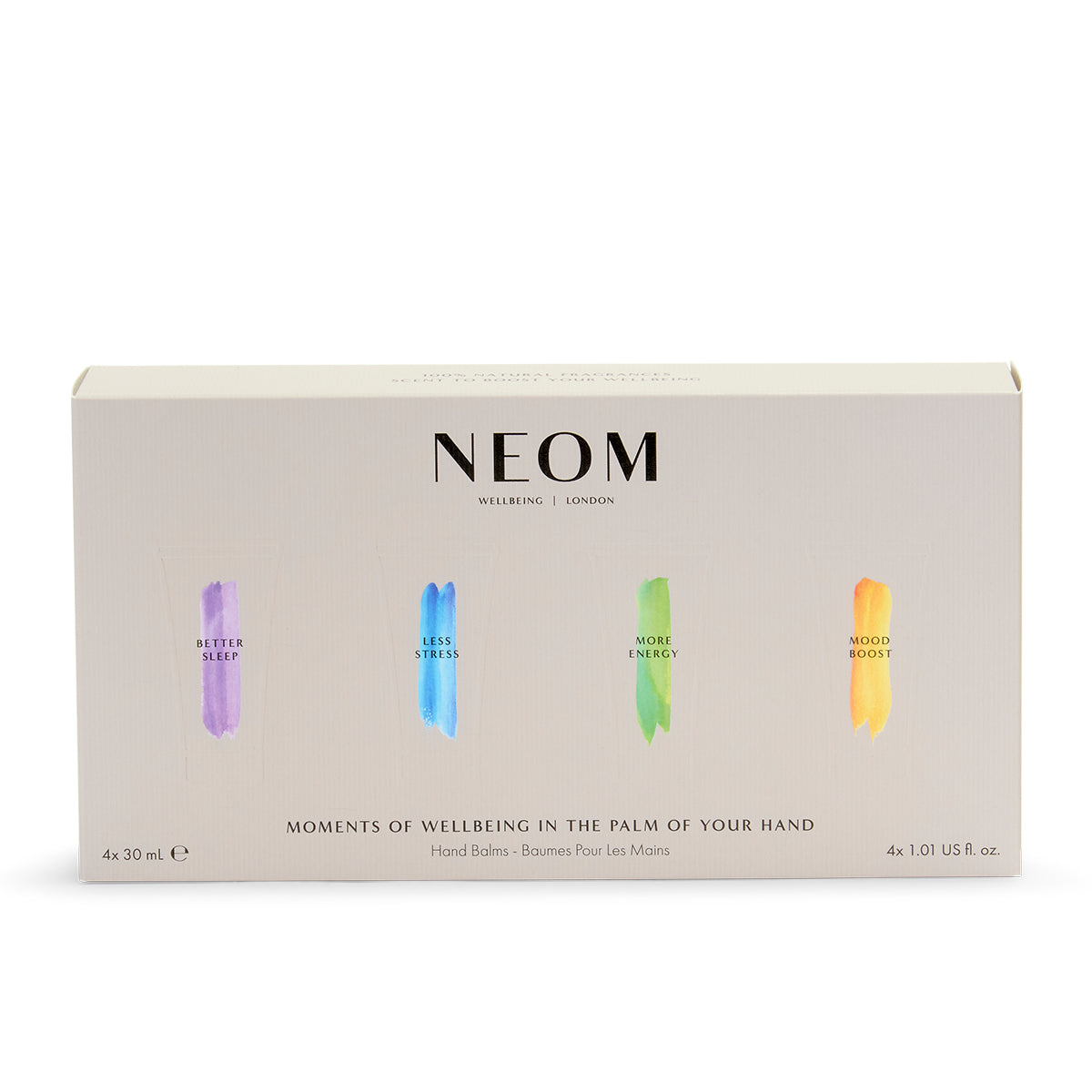 NEOM moments of wellbeing in the palm of your hands on a white background