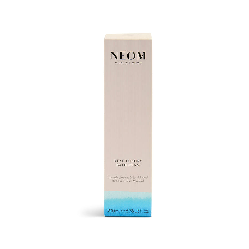 NEOM Real Luxury Bath Foam packaging on a white background