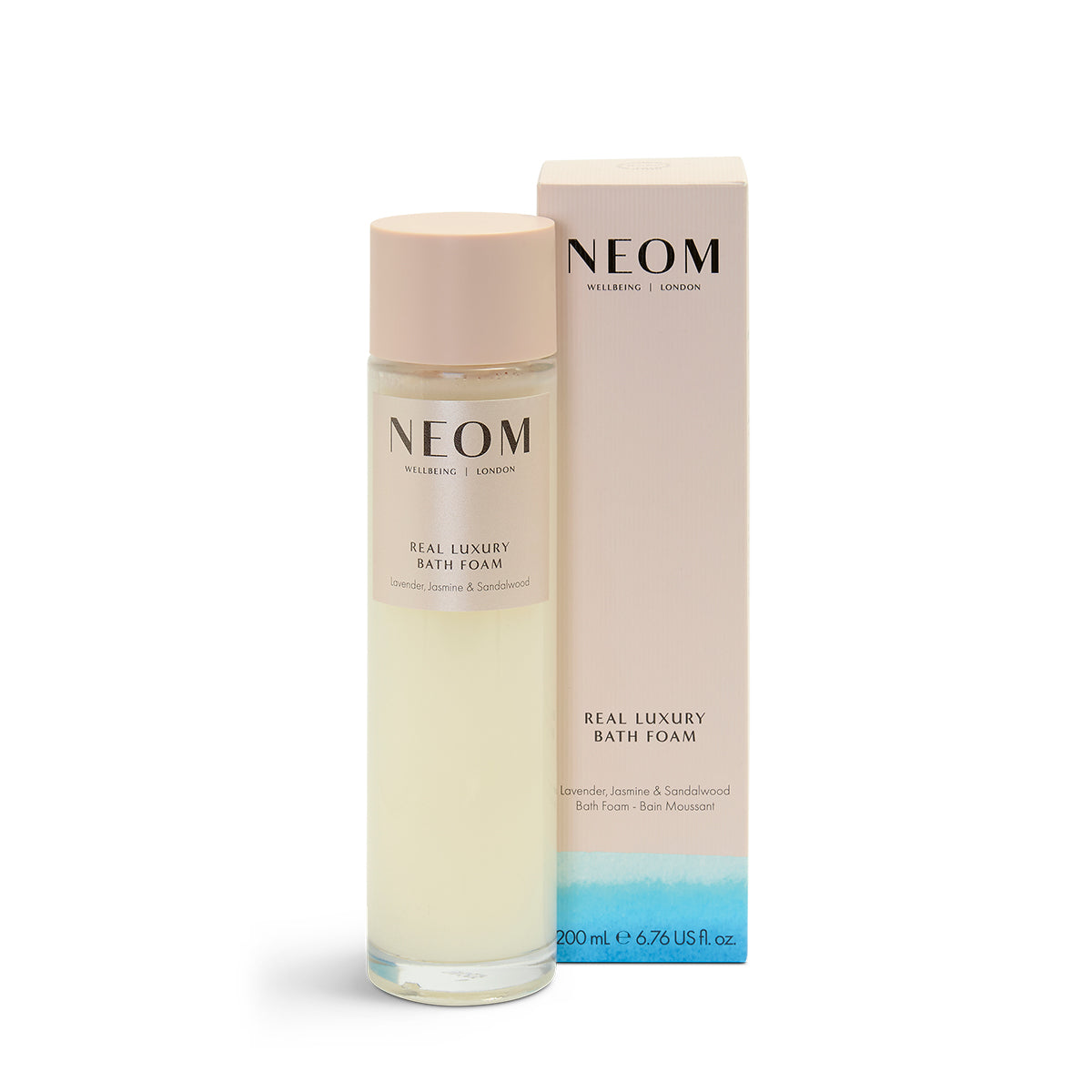 NEOM Real Luxury Bath Foam bottle and packaging on a white background